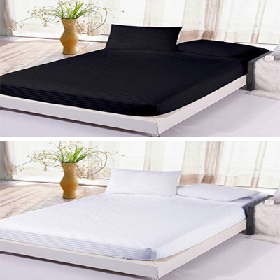 Skytex 210 TC Satin King Striped Fitted (Elastic) Bedsheet(Pack of 2, Black & White)