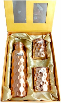 Prisha India Craft Pure Copper Bottle and 2 Copper Glass with Beautiful Gift Box, Diamond 900 ml Bottle(Pack of 3, Copper, Copper)