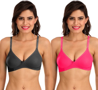 SONA M1001 Everyday Cotton Hosiery Non Padded Non-Wired 3/4Th Coverage T-Shirt Bra Pack of 2 Women T-Shirt Non Padded Bra(Black, Pink)