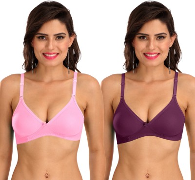 SONA M1001 Everyday Cotton Hosiery Non Padded Non-Wired 3/4Th Coverage T-Shirt Bra Pack of 2 Women T-Shirt Non Padded Bra(Maroon, Pink)