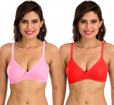 SONA M1001 Everyday Cotton Hosiery Non Padded Non-Wired 3/4Th Coverage T-Shirt Bra Pack of 2 Women T-Shirt Non Padded Bra(Red, Pink)