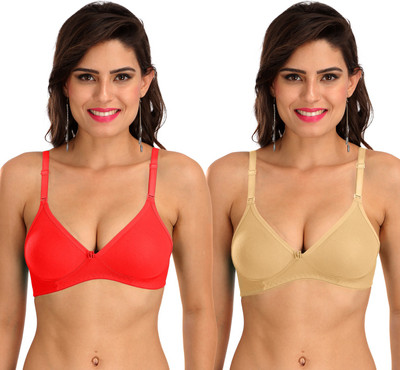 SONA M1001 Everyday Cotton Hosiery Non Padded Non-Wired 3/4Th Coverage T-Shirt Bra Pack of 2 Women T-Shirt Non Padded Bra(Red, Beige)