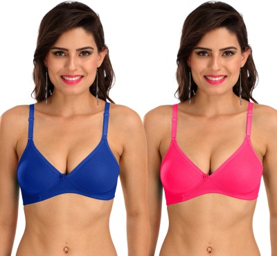 SONA M1001 Everyday Cotton Hosiery Non Padded Non-Wired 3/4Th Coverage T-Shirt Bra Pack of 2 Women T-Shirt Non Padded Bra(Red, Blue)