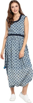 Natty India Women Asymmetric White, Blue Dress