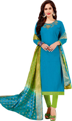 Kimisha Cotton Blend Solid, Embroidered, Self Design Kurta & Churidar Material