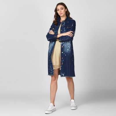 STYLESTONE Full Sleeve Washed, Printed Women Denim Jacket