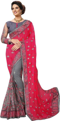 Gymfy Embroidered Bollywood Net Saree(Pink)