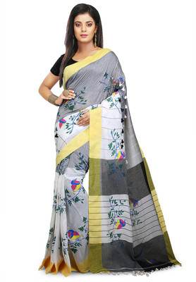 Mystory Printed Handloom Cotton Blend Saree(Grey)
