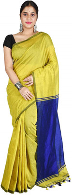 TANTLOOM Color Block Handloom Handloom Silk Blend, Pure Cotton Saree(Yellow)