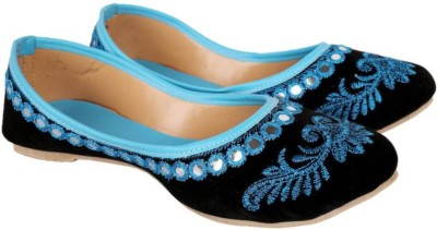 Rajwari Ethnic women sky blue velvet mirror thread work mojari Jutis For Women(Blue, Black , 9)