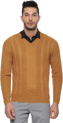 VAN HEUSEN Self Design V Neck Formal Men Yellow Sweater