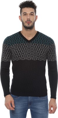 VAN HEUSEN Self Design V Neck Casual Men Black Sweater