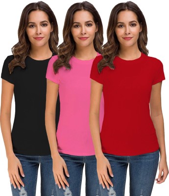 THE BLAZZE Solid Women Round Neck Red, Black, Pink T-Shirt