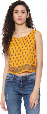 People Casual No Sleeve Printed Women Yellow Top