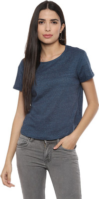 People Casual Half Sleeve Self Design Women Blue Top