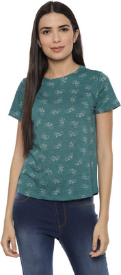 People Casual Half Sleeve Printed Women Green Top