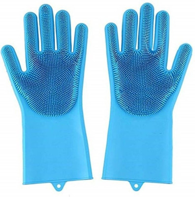 Asha Enterprises Silicone Reusable Gloves With Scrubber cleaning gloves for dust Wet and Dry Glove(Free Size)