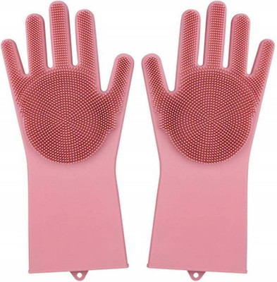 Asha Enterprises Silicone Reusable Gloves With Scrubber cleaning gloves for dust Wet and Dry Glove(Free Size)