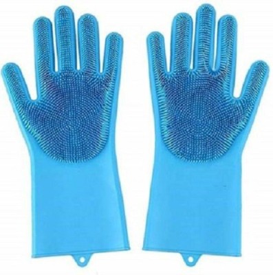 Asha Enterprises Household Silicon Gloves Rubber Dish Washing with Brush Cleaning Scrubber Wet and Dry Glove Set Wet and Dry Glove(Free Size)