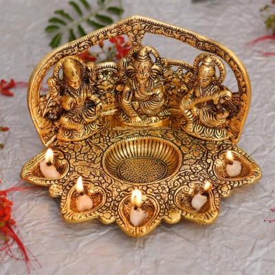 Collectible India Laxmi Ganesh Saraswati Idol Diya Oil Lamp Deepak - Metal Lakshmi Ganesha Showpiece Statue - Traditional Diya for Diwali Puja - Diwali Home Decoration Items Gift Aluminium Table Diya(Height: 5 inch)