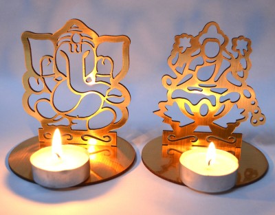 ME&YOU Laxmi Ganesh Tealight Candle Holder SG-08 Wooden Tealight Holder Set(Gold, Pack of 1)