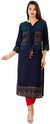 KHANAK Women Printed Straight Kurta(Blue)