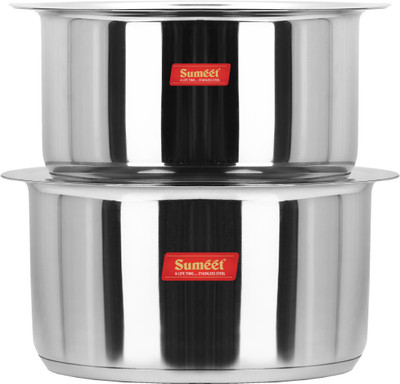 Sumeet Large Size Stainless Steel Induction Bottom (Encapsulated Bottom) Induction & Gas Stove Friendly Container/Tope/Cookware with Lid Set of 2 Pc. Size No.17 (5 Ltr), Size No. 18 (6 Ltr) Tope Set with Lid 6 L capacity 29 cm diameter(Stainless Steel, Induction Bottom)