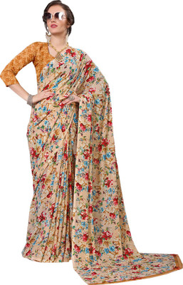 Mermaid Ocean Printed Daily Wear Georgette Saree(Beige)