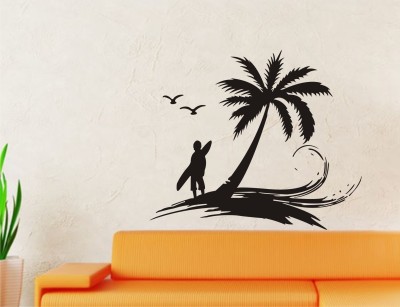 INDIA WALL STICKER 69 cm Surfer and Beach Scene Palm Trees And Birds Wall Decal & Sticker Removable Sticker(Pack of 1)