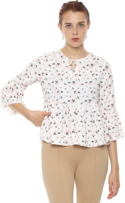 VAN HEUSEN Casual Bell Sleeve Floral Print Women White Top