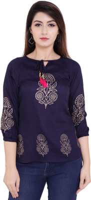 Gujari Casual 3/4 Sleeve Printed Women Blue Top