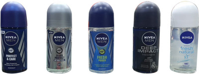 NIVEA MEN PROTECT & CARE, MEN SILVER PROTECT ANTIBACTERIAL, MEN FRESH POWER, MEN DEEP IMPACT FRESHNESS, FRESH NATURAL Deodorant Roll-on  -  For Men & Women(250 ml, Pack of 5)