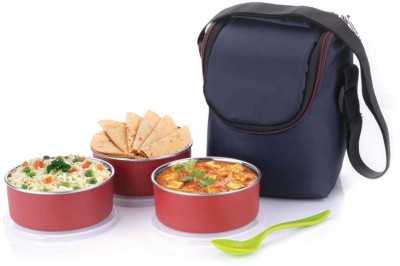 Flipkart SmartBuy Multipurpose Round Beg Lunch Box with Bottle 3 Stainless Steel Containers Plastic Spoon & Fork Insulated Fabric Bag Leak Proof Microwave Safe Full Meal Easy to Carry (Pink) 3 Containers Lunch Box(250 ml, Thermoware)