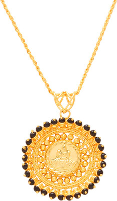 Dzinetrendz Gold plated Handcrafted Laxmi Pendant Black Beads Studded Temple Jewellery EthnicTraditional designer chain pendant necklace jewellery for Women Gold-plated Brass Pendant