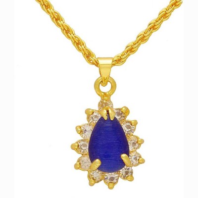 MissMister Gold Plated CZ Titanic Blue Colour Cabochon Pear Shape Chain Pendant Necklace Jewellery for Women Gold-plated Cubic Zirconia Brass Pendant