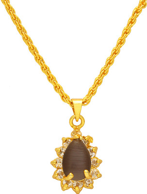 memoir Gold plated studded Grey Catseye Colour, Pearshape stone studded chain pendant Gold-plated Cubic Zirconia Brass Pendant