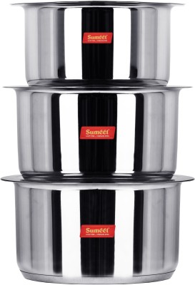 Sumeet Big & Large Size Stainless Steel Induction Bottom (Encapsulated Bottom) Induction & Gas Stove Friendly Container/Tope/Cookware with Lid Set of 3 Pc. Size No.15 (3.5 Ltr), Size No. 16 (4 Ltr), Size No. 17 (5 Ltr) Tope Set with Lid 5 L capacity 27.6 cm diameter(Stainless Steel, Induction Bottom
