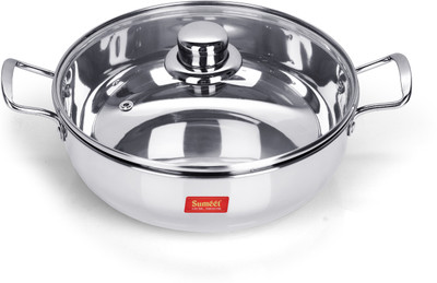Sumeet Stainless Steel Induction Bottom (Encapsulated Bottom) Induction & Gas Stove Friendly Kadhai With Glass Lid Size No.13 (2.3 LTR) Kadhai 23.5 cm diameter with Lid 2.3 L capacity(Stainless Steel, Induction Bottom)