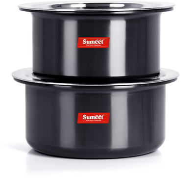 Sumeet 3mm Thick Hard Anodised Tope Set of 2 Pc with S.S. Lid. Size No.13 (2.3 Ltr), No. 14 (2.9 Ltr) Tope Set with Lid 2.9 L capacity 23 cm diameter(Aluminium)