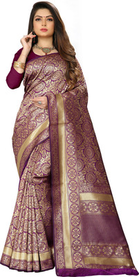 Guru Alankar Self Design Banarasi Cotton Blend Saree(Purple)