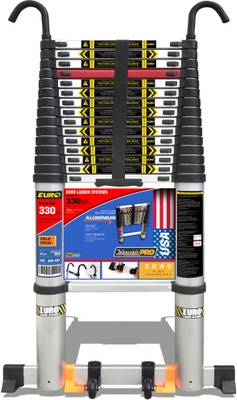 EURO Telescopic ladder 6.2 meter ( 20.6 ft ) - Stores at 3.9 ft - New Revolutionary hook Kit - 10x Stronger Zero Flex technology – Flex Free Ladder - Sand Blasted Aluminium - Red Que safe step – Stabilizer, Anti Skid Pads & Wheel Kit Aluminium Ladder
