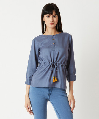 Miss Chase Casual 3/4 Sleeve Solid Women Grey Top