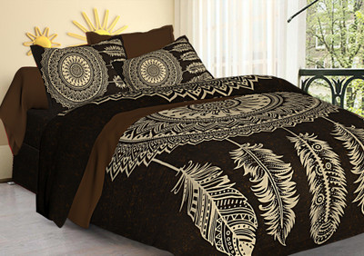 Hari Om Prints 144 TC Cotton King Jaipuri Prints Flat Bedsheet(Pack of 1, Brown,beige)
