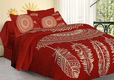 Hari Om Prints 144 TC Cotton King Jaipuri Prints Flat Bedsheet(Pack of 1, Red,beige)