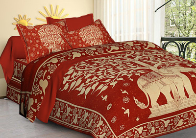 Satrim 280 TC Cotton King Jaipuri Prints Flat Bedsheet(Pack of 1, Red)