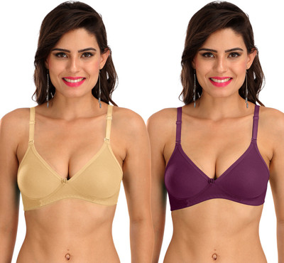 SONA M1001 Everyday Cotton Hosiery Non Padded Non-Wired 3/4Th Coverage T-Shirt Bra Pack of 2 Women T-Shirt Non Padded Bra(Maroon, Beige)