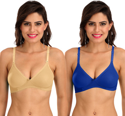 SONA M1001 Everyday Cotton Hosiery Non Padded Non-Wired 3/4Th Coverage T-Shirt Bra Pack of 2 Women T-Shirt Non Padded Bra(Blue, Beige)