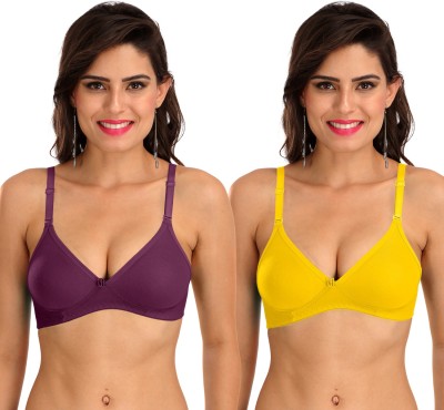 SONA M1001 Everyday Cotton Hosiery Non Padded Non-Wired 3/4Th Coverage T-Shirt Bra Pack of 2 Women T-Shirt Non Padded Bra(Maroon, Yellow)