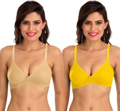 SONA M1001 Everyday Cotton Hosiery Non Padded Non-Wired 3/4Th Coverage T-Shirt Bra Pack of 2 Women T-Shirt Non Padded Bra(Beige, Yellow)