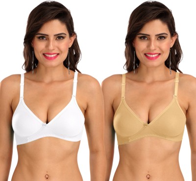 SONA M1001 Everyday Cotton Hosiery Non Padded Non-Wired 3/4Th Coverage T-Shirt Bra Pack of 2 Women T-Shirt Non Padded Bra(White, Beige)